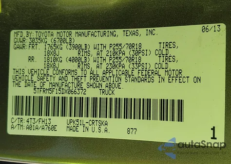 2013 Toyota Tundra Grade 4.6L V8 из США, поврежденный, VIN 5TFRM5F15DX066372